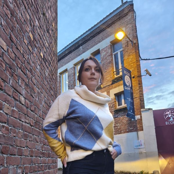 Pull col roulé doux motifs losanges(blanc, bleu, jaune). Coupe droite et confortable, matière douce et chaude, manches longues. Taille unique (convient du 34 au 42)