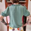 Blouse fluide dentelle bohème.Blouse fluide Coupe droite et confortable Style bohème, casual chic Manches courtes légèrement bouffantes Encolure en V avec finitions dentelle Coloris vert doux / terracotta Tissu léger et respirant Finitions travaillées, effet texturé Idéale pour le printemps/été Composition : 100% polyester